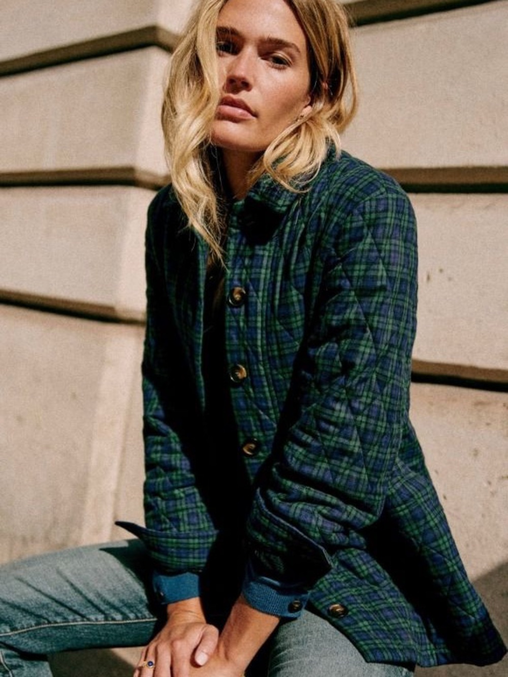 Sézane Will Jacket - Quilted Navy & Green Plaid, Size XS